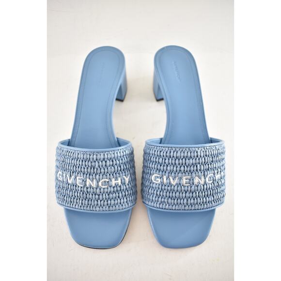 Givenchy 4G Denim Blue Raffia Logo Leather Slide On Mule Block Heel Sandal 37 - Picture 8 of 15